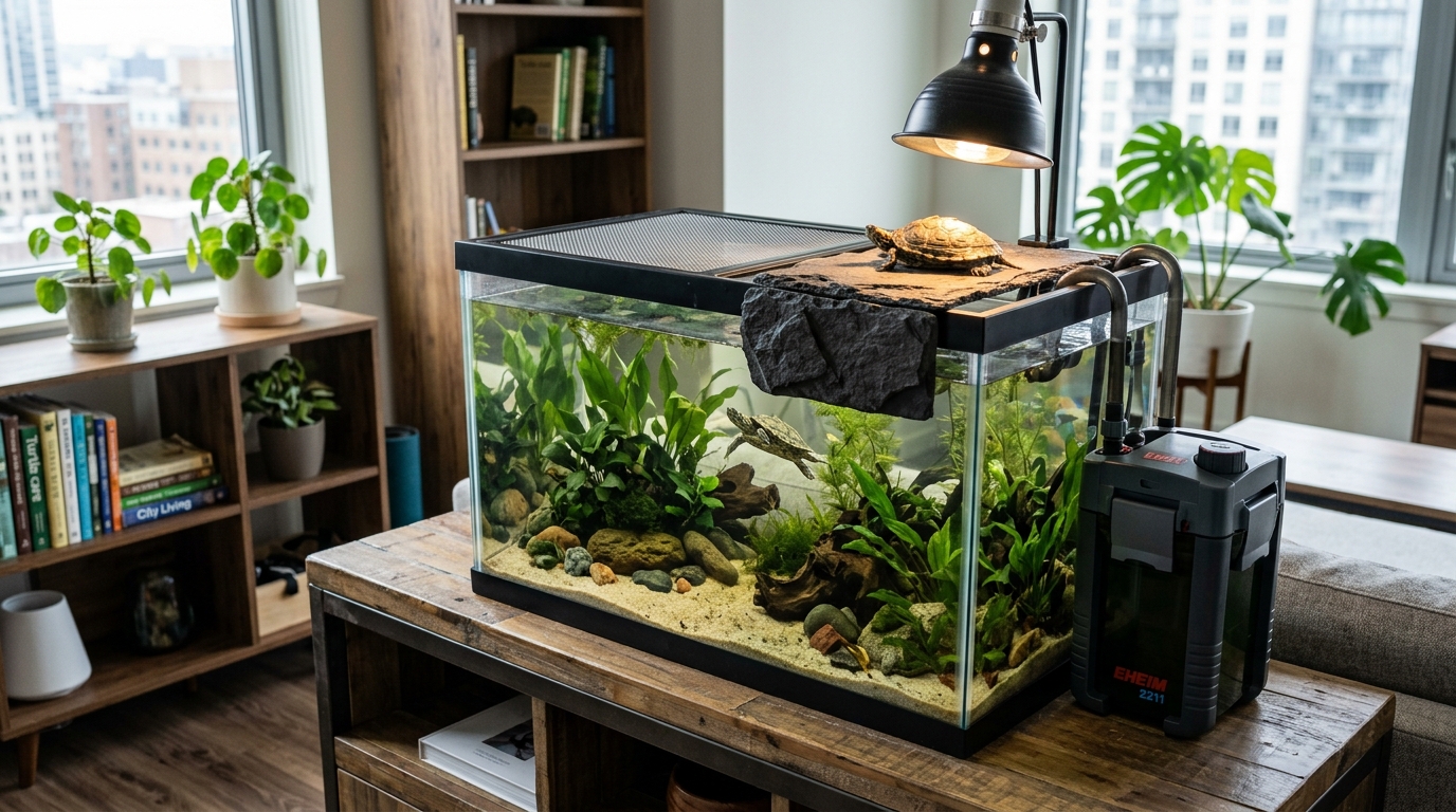 Space-saving turtle tank setup with over-tank basking platform and compact canister filter
