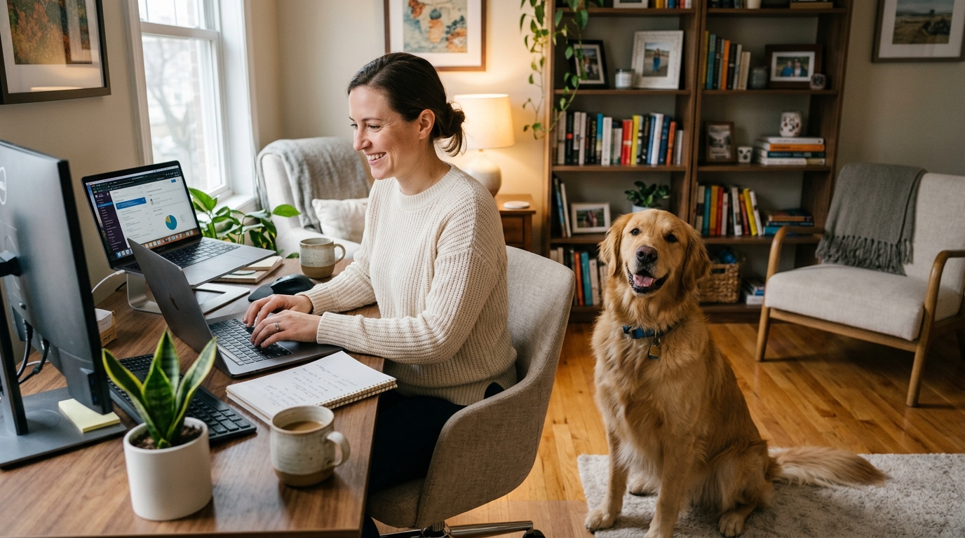 Person working from home at a desk with a dog sitting nearby