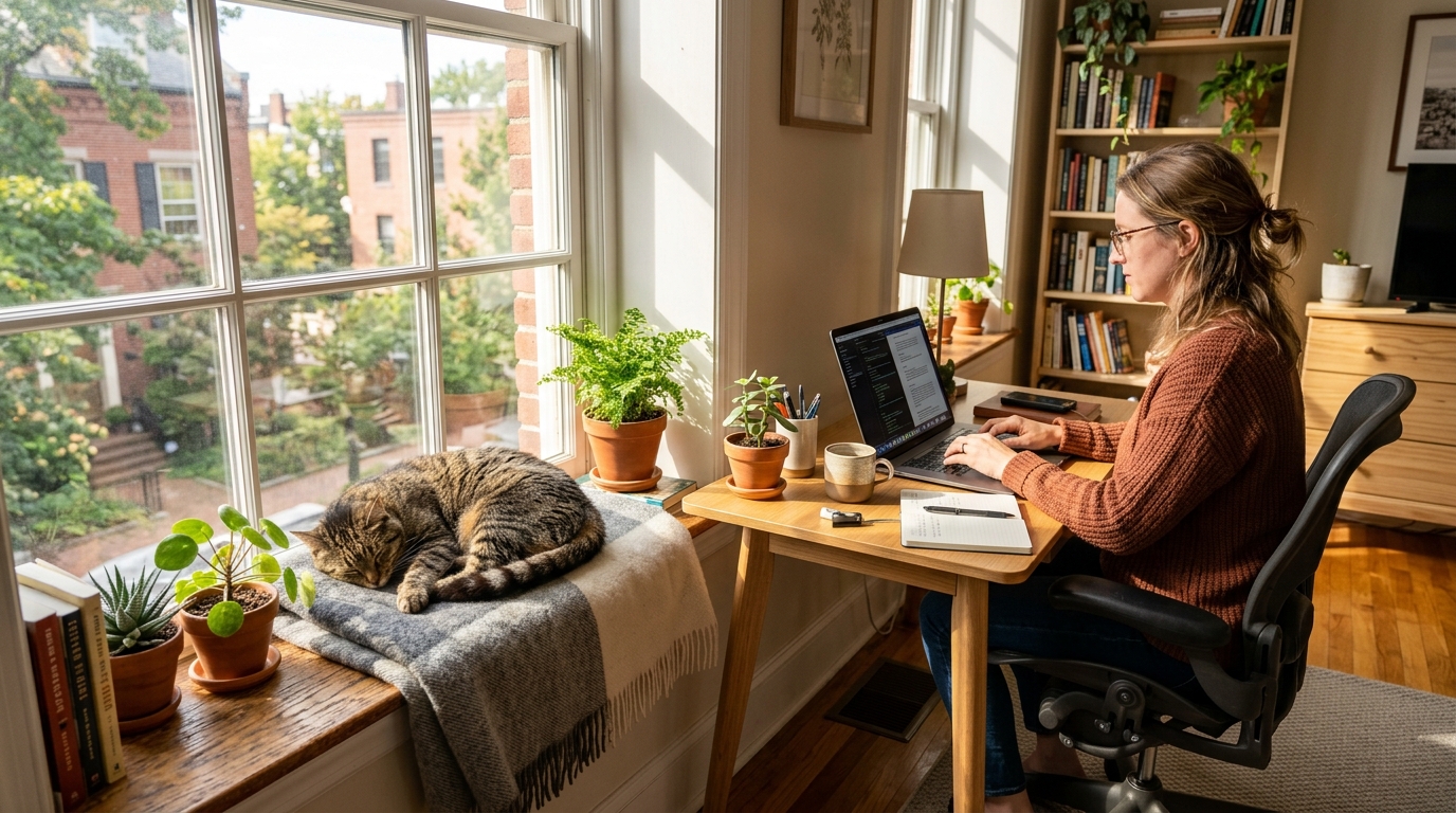 Dog lying contentedly on a pet bed next to a home office desk
