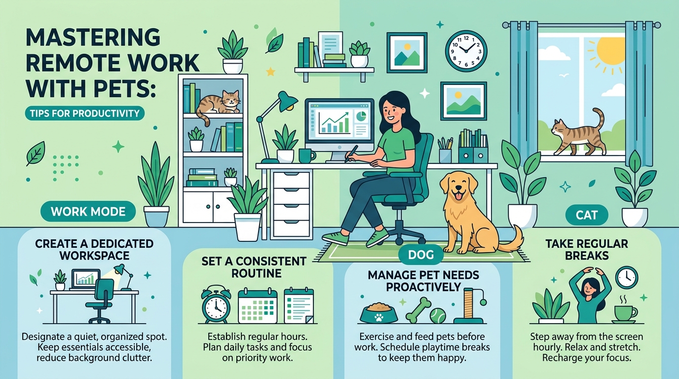 Cat sitting on a window perch while owner works at a home desk in the background