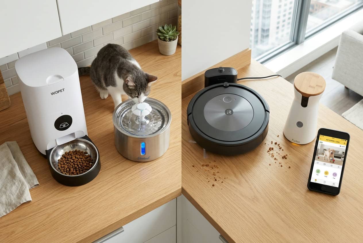 Smart pet home gadgets including automatic feeder, fountain, and pet camera