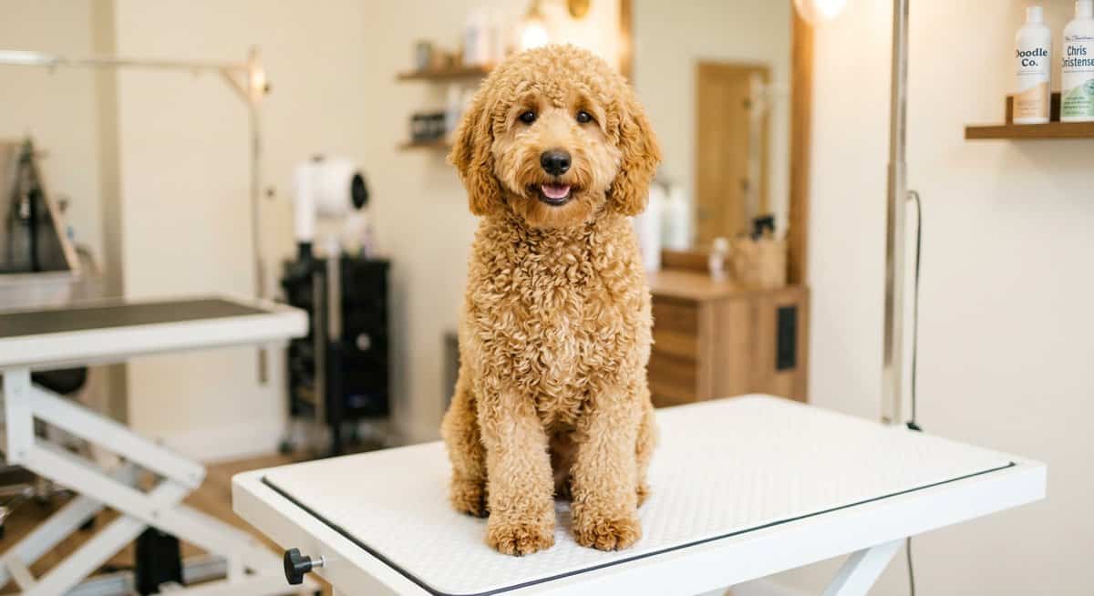 Goldendoodle with a perfect curly wool coat between grooming appointments