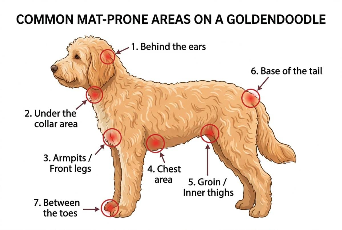 Diagram showing common mat locations on a curly-coated dog — armpits, collar area, groin, behind ears