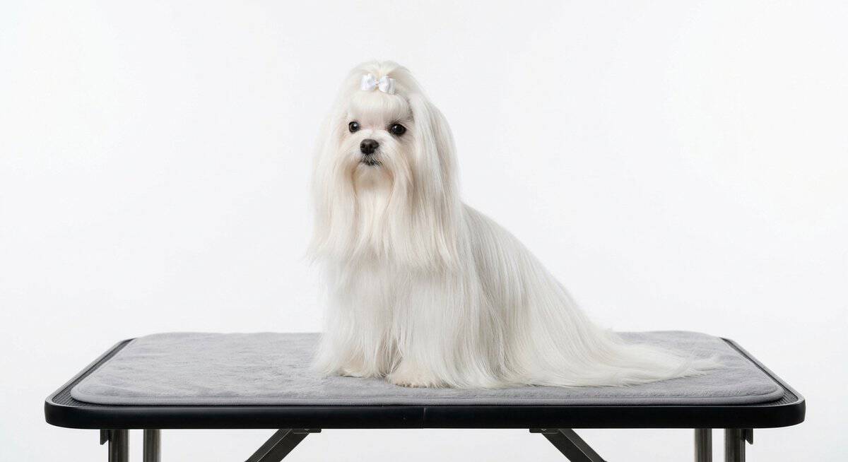 Maltese with a perfect flowing silky long coat in show trim with topknot