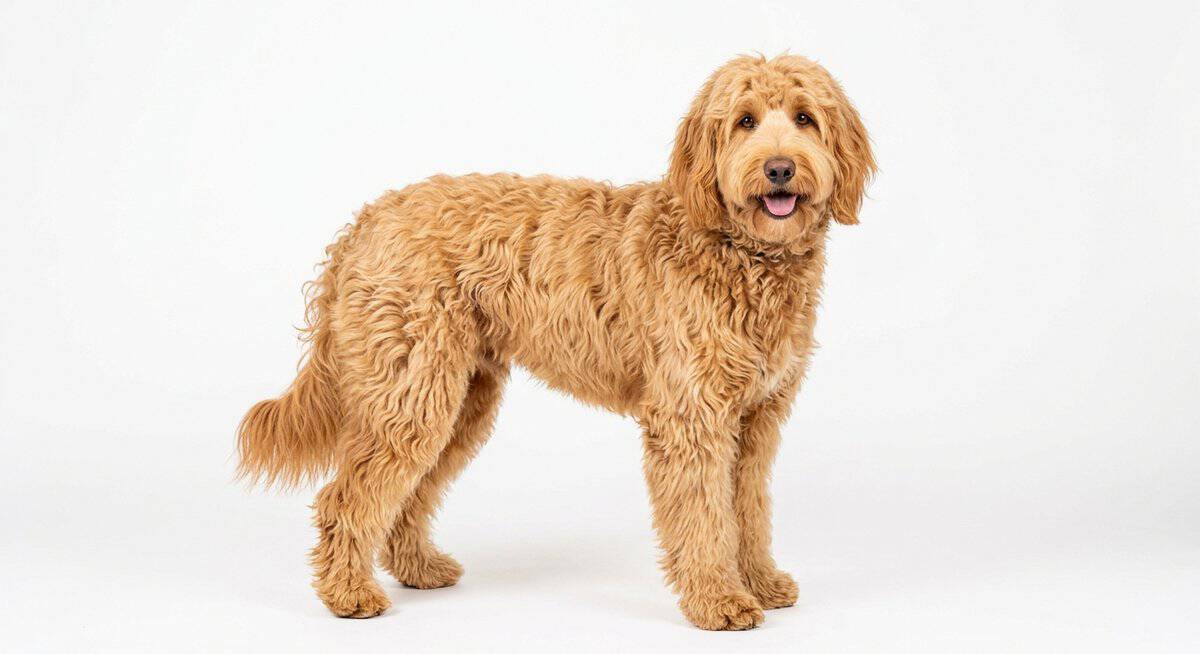 Wavy fleece-coated Goldendoodle with well-maintained loose waves